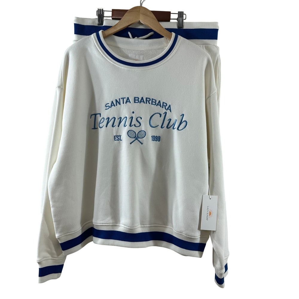 Lazy Sunday Santa Barbara Tennis Club Sweatshirt and Shorts Set White Blue XL